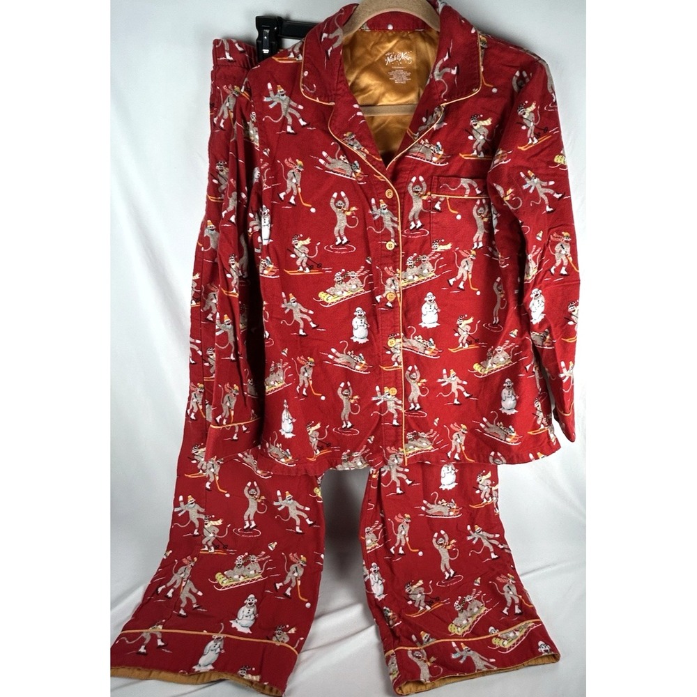 Nick Nora Red Sock Monkey Flannel PJs Pajamas Set Womens L Winter Sports